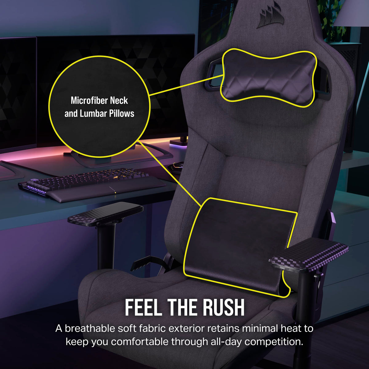 Corsair T3 Rush 2023 Fabric Gaming Chair - Reclining with Memory Foam Lumbar Support