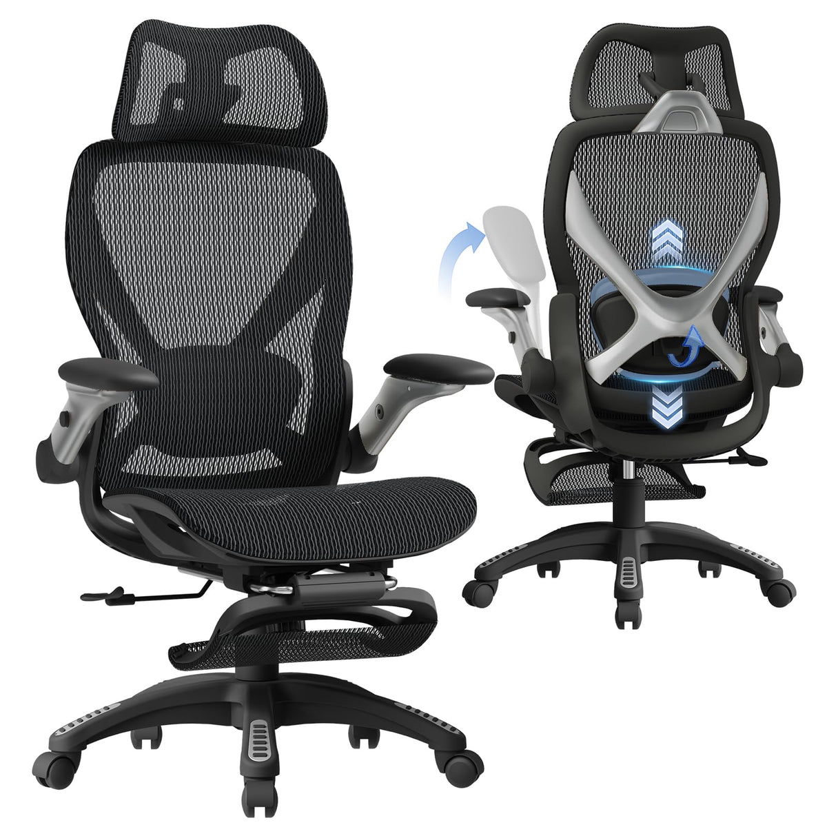 ELABEST X100 Ergonomic Mesh Office Chair with Footrest, 3D Lumbar Support & 5D Armrests