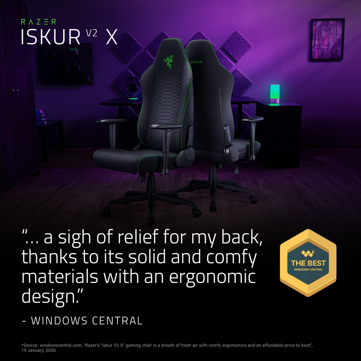 Razer Iskur V2 X L33T Edition Ergonomic Gaming Chair with Built-In Lumbar Support